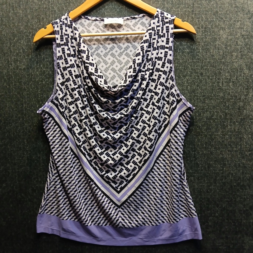 Calvin Klein Cowl Neck Sleeveless Blouse Purple Geometric Print XL